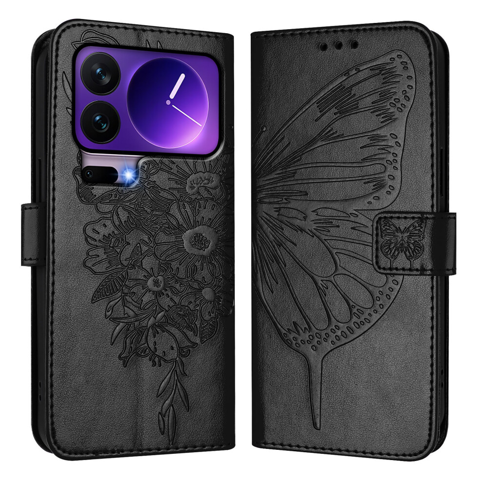 (Black) For Xiaomi 17 Pro Wallet Case With Wrist Strap Butterfly Imprint Leather Phone Cover Black 6914297331676
