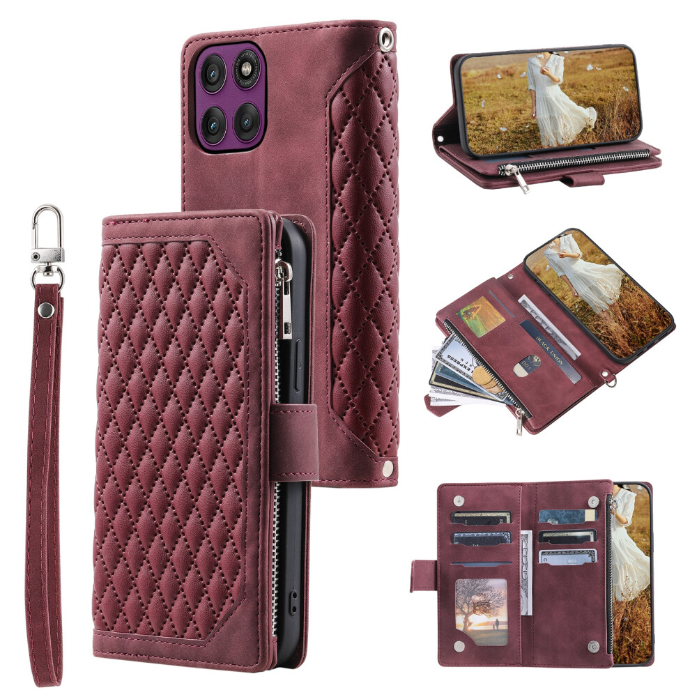 (Wine ) For Motorola Moto G86 Power 5G Wallet Case Rhombus Stitching Line Pu Leather Phone Cover With Wrist Strap Red 6914290063000