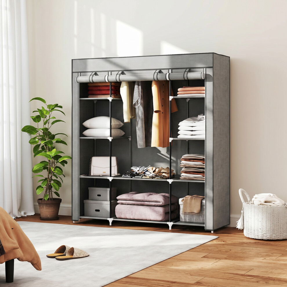 Homcom Fabric Wardrobe With 10 Shelves, Foldable Closet Light Grey