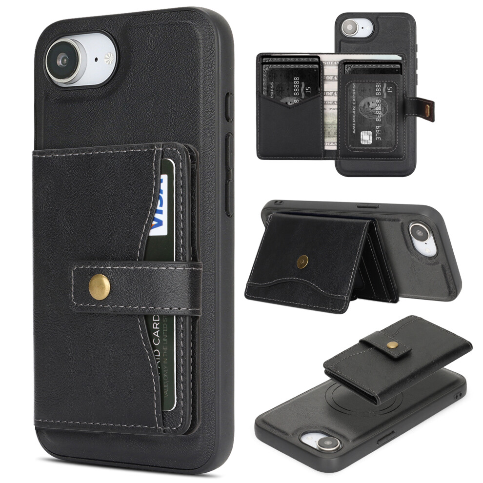 (Black) For Iphone 17E / 16E Kickstand Case Detachable Card Bag Compatible With Magsafe Pu Leather Coated Tpu Phone Cover Black 6914293280794