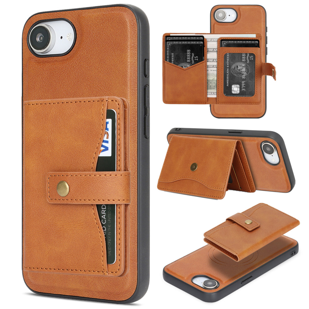 (Brown) For Iphone 17E / 16E Kickstand Case Detachable Card Bag Compatible With Magsafe Pu Leather Coated Tpu Phone Cover Brown 6914291036560