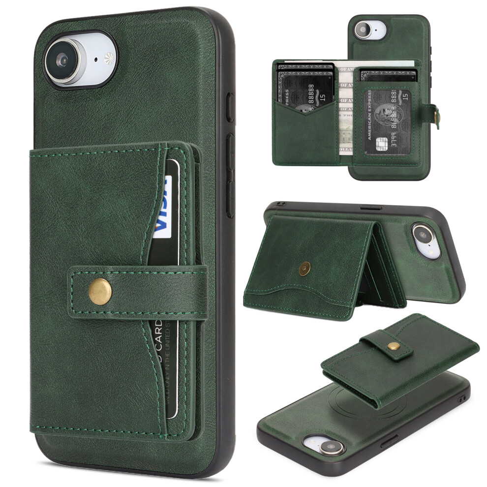 (Green) For Iphone 17E / 16E Kickstand Case Detachable Card Bag Compatible With Magsafe Pu Leather Coated Tpu Phone Cover Green 6914293274281