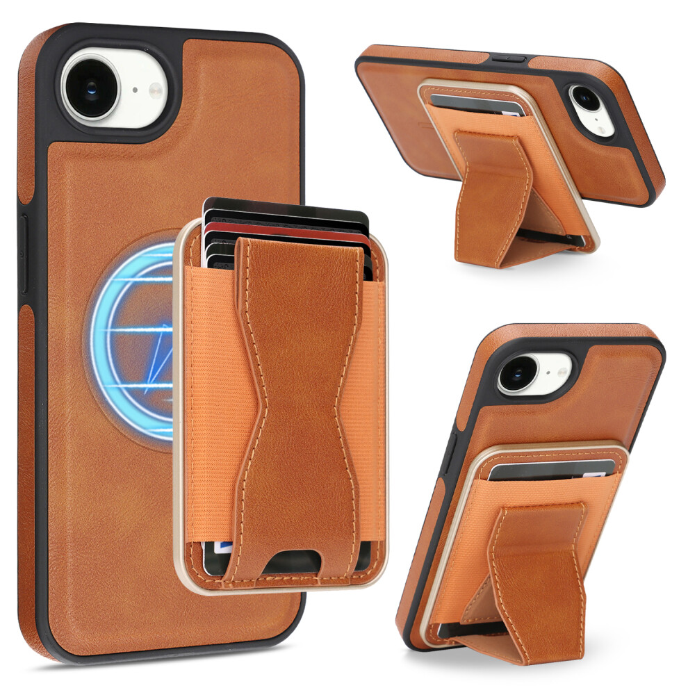 (Brown) For Iphone 17E / 16E Case Compatible With Magsafe Leather Back Phone Cover With Detachable Card Holder Kickstand Brown 6914295405799