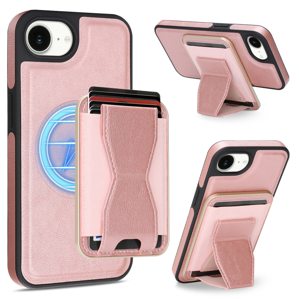 (Rose ) For Iphone 17E / 16E Case Compatible With Magsafe Leather Back Phone Cover With Detachable Card Holder Kickstand Gold 6914290465897