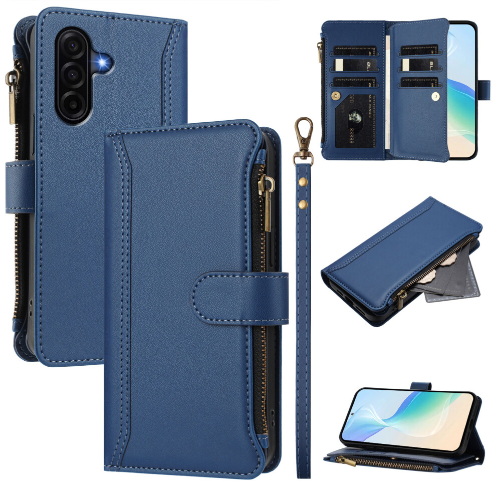(Dark ) For Samsung Galaxy A37 5G Leather Case 9 Card Slots Zipper Wallet Stand Phone Cover With Wrist Strap Blue 6914291547233