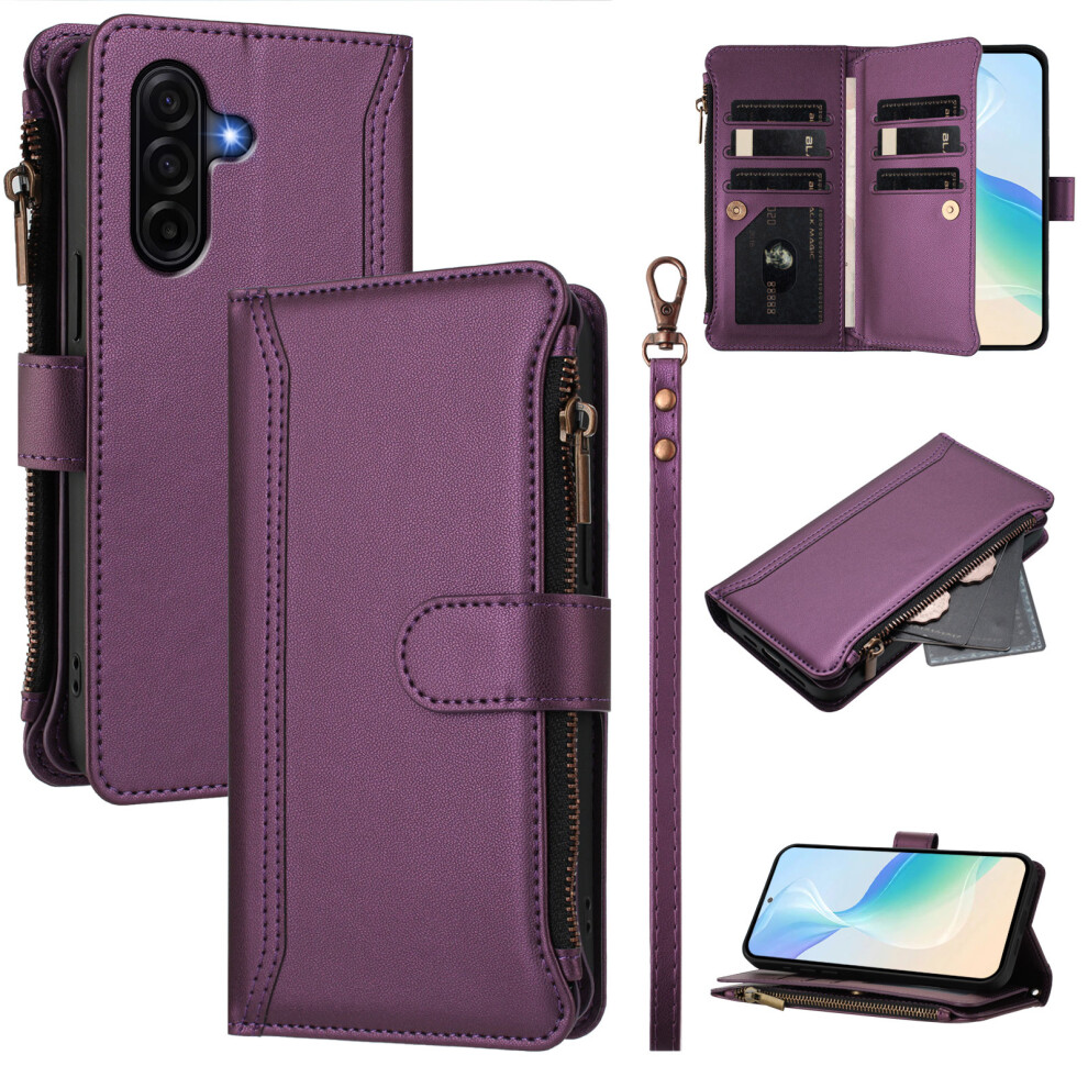 (Purple) For Samsung Galaxy A37 5G Leather Case 9 Card Slots Zipper Wallet Stand Phone Cover With Wrist Strap Purple 6914293640482