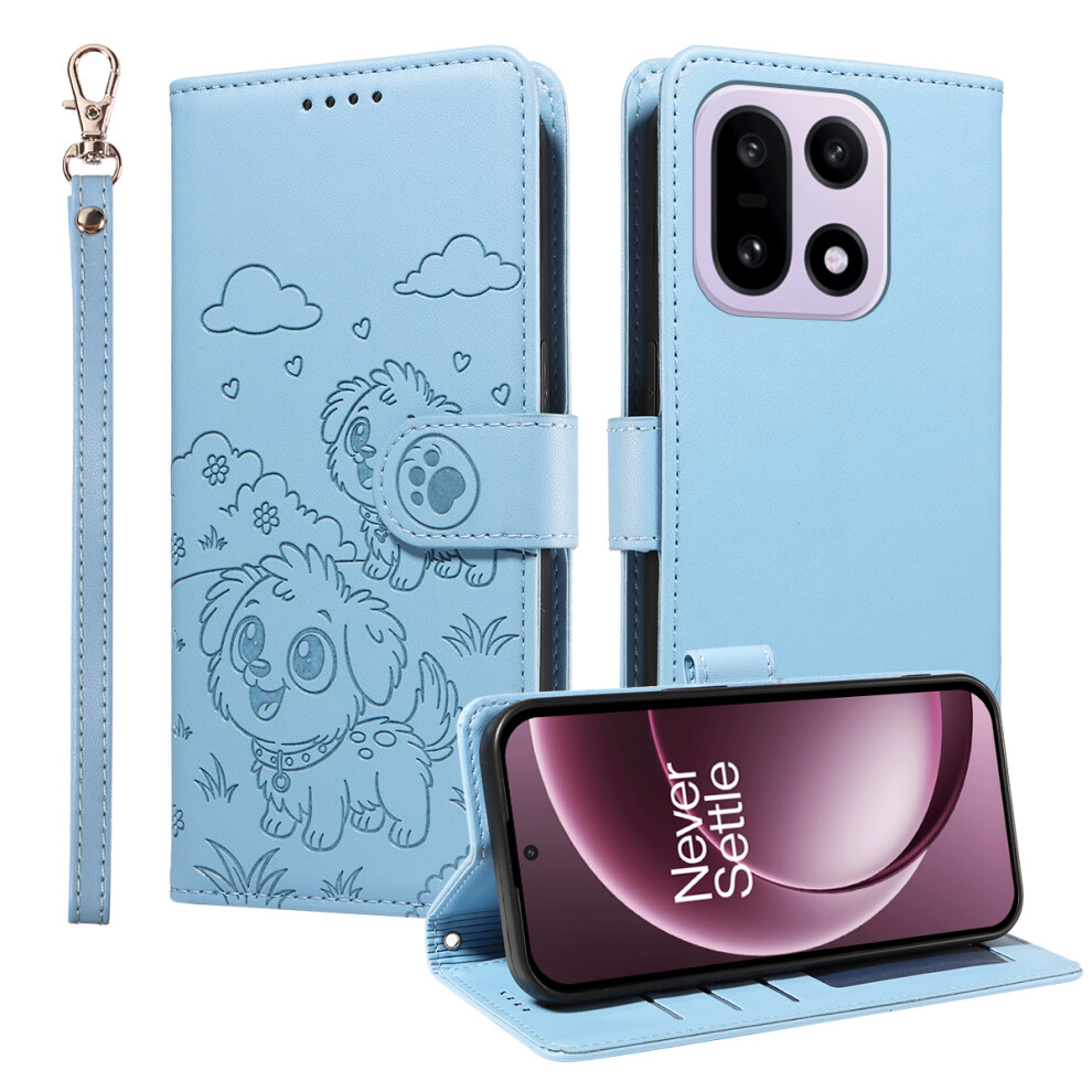 (Blue) For Oneplus 15 5G Case Rfid Blocking Imprinted Dog Pattern Pu Leather Phone Cover With Wrist Strap Blue 6914294759039