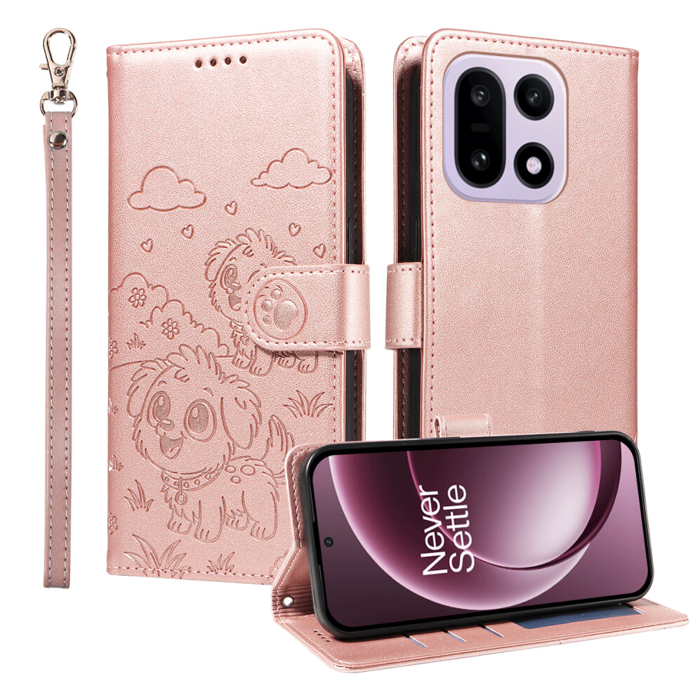 (Pink) For Oneplus 15 5G Case Rfid Blocking Imprinted Dog Pattern Pu Leather Phone Cover With Wrist Strap Pink 6914291251314
