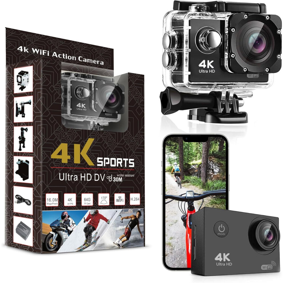 4K Wifi Action Camera 30M Waterproof With 170 Wide Angle Lens (Black) Black 6976917411755