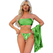 3PCS Stylish Women's Bustier Top High Waist Bottom Tankini Set Artistic Tie Dye Green M