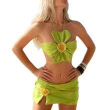 Women Two Piece Flower Swimsuit with Beach Coverup Halterneck Swimwears For Pool Green L
