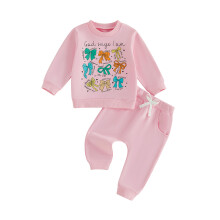 (12-18 Months, Pink) Toddler Girl Fall Outfits Letter Bow Print Crew Neck Long Sleeve Sweatshirts and Elastic Waist Pants 2 Pieces Set