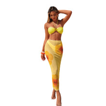 Comfortable Women's Tankini Cover Set Neck Hanging Top Long Skirt with Briefs Yellow S