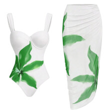 2Pcs Quick Drying Fabric Monokini Swimwear Set Features Cover Up Skirt Design Green L