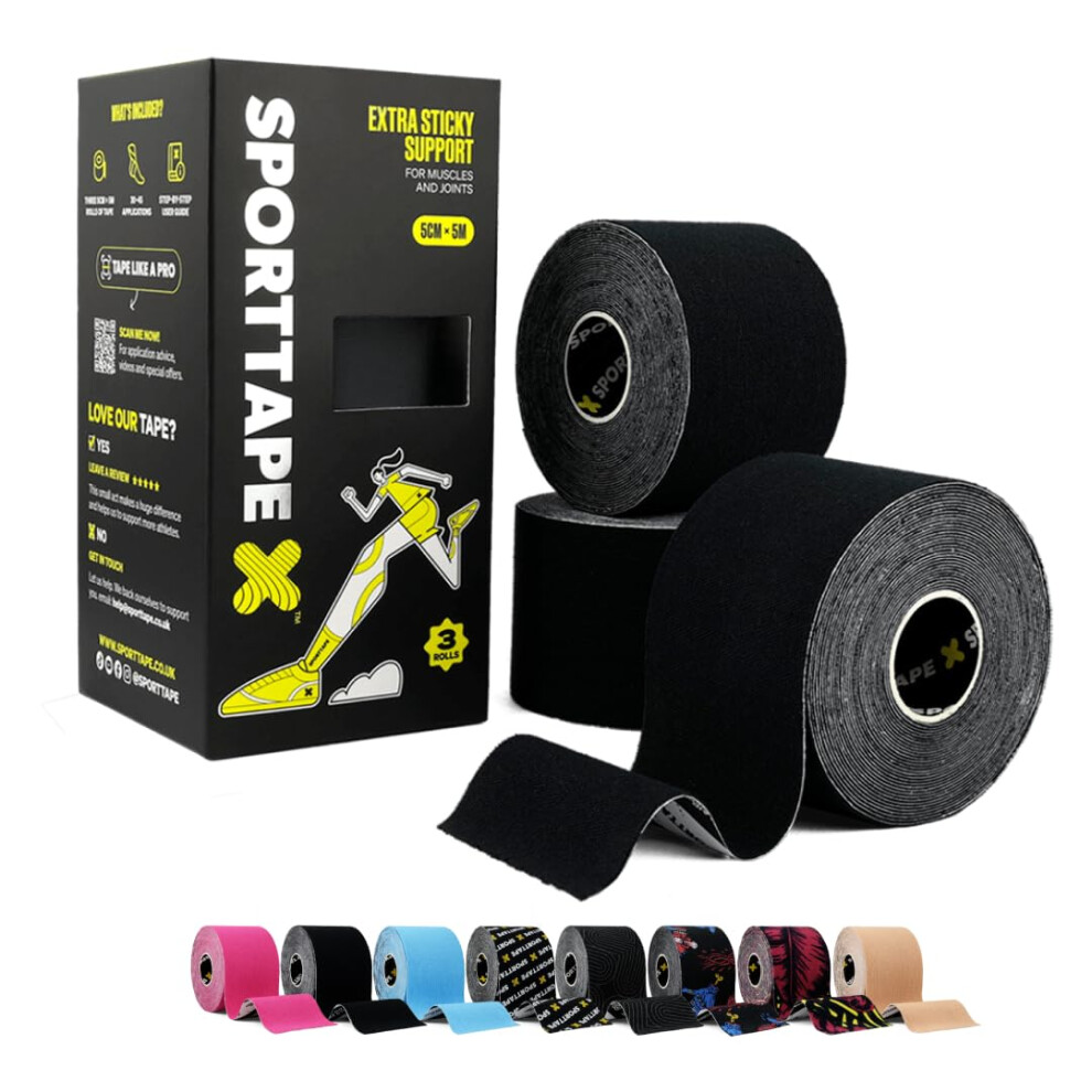 Sporttape Black Kinesiology Tape, 5Cm X 5M, 3 Rolls, - Waterproof & Hypoallergenic Kinetic Physio Tape For Muscle Injury Recovery, Sports Strapping F