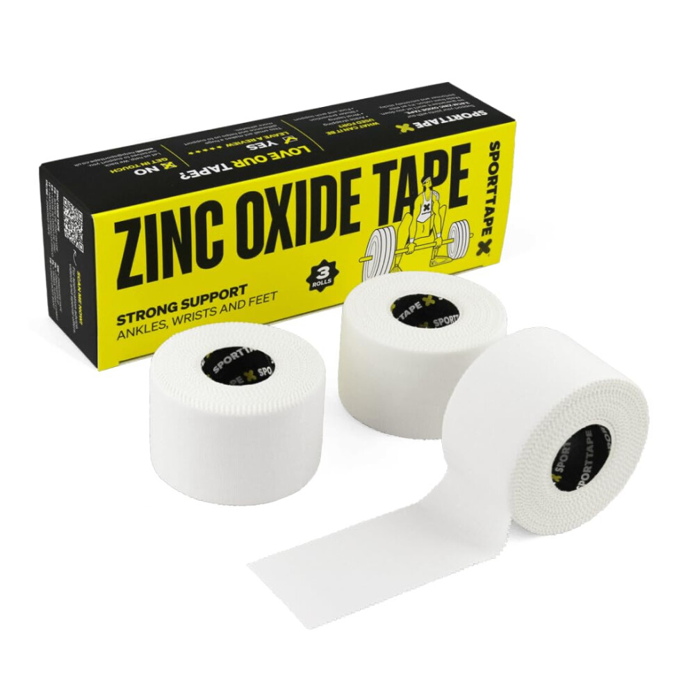 Sporttape Zinc Oxide Sports Tape Â 3 Rolls - 3.8Cm X 10M | Rigid Strapping & Athletic Physio Tape | Ankle, Foot & Wrist Support | Blister Prevention