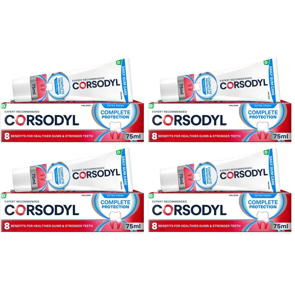 Corsodyl Toothpaste Complete Protection, Daily Gum Care, Extra Fresh For Healthy Gums And Strong Teeth, 75Ml (Pack Of 4)
