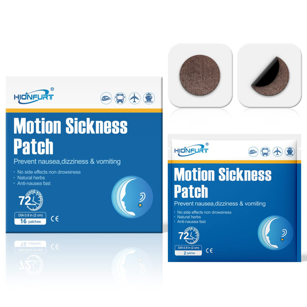 Hionfurt Motion Sickness Patches - 16 Count For Fast Nausea Relief In Car, Sea, Air Travel - Travel Sickness Patches Non-Drowsy, Effective, Lasts 72