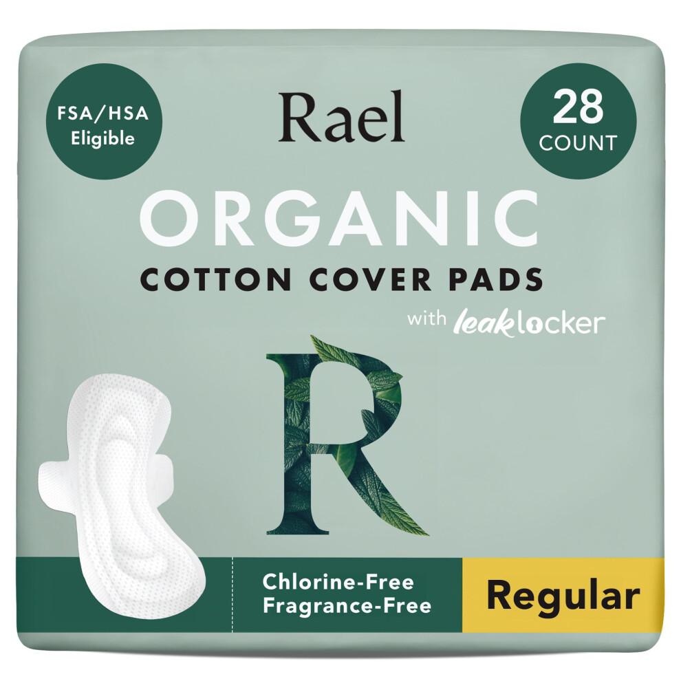 Rael Organic Cotton Cover Sanitary Towels - Regular Absorbency, Ultra Thin Period Pads With Wings For Women, Unscented, Hypoallergenic, Vegan (Regula