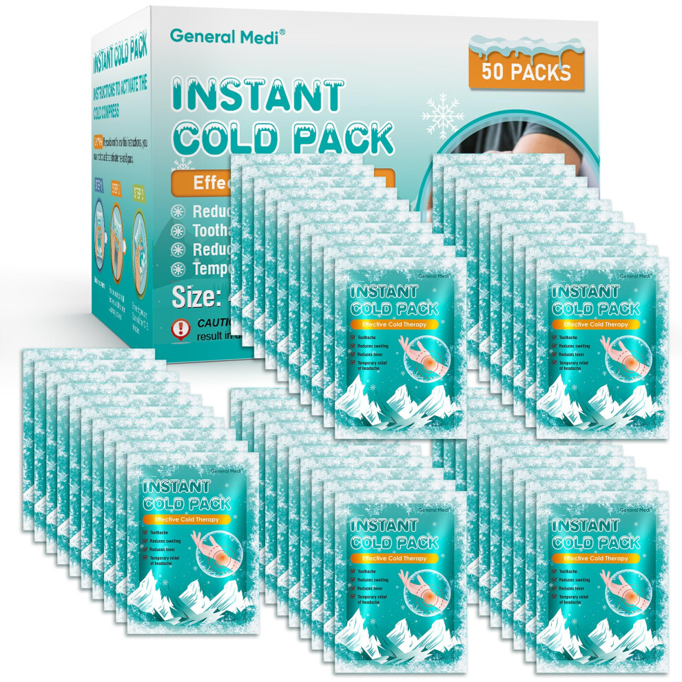 General Medi Instant Ice Cold Pack (10X14cm) Â Set Of 50 Disposable Cold Therapy Ice Packs For Pain Relief, Swelling, Inflammation, Sprains, Strained Muscles, To