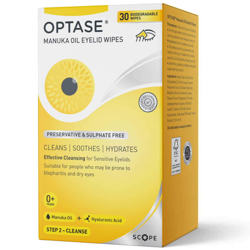Optase Manuka Oil Eyelid Wipes Â Effective Cleansing With Antibacterial Action - Preservative Free Â 30 Biodegradable Wipes - Cleans, Soothes, And