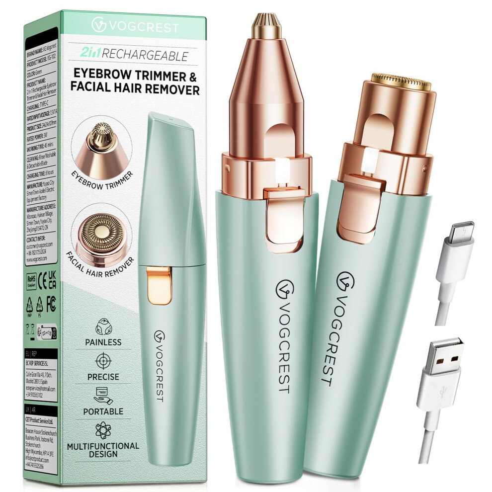 Vg Vogcrest Eyebrow Facial Trimmer: 2 In1 Rechargeable Facial Hair Removal And Eyebrow Shaver - Face Lips Body Painless Facial Razor With Built-In Le