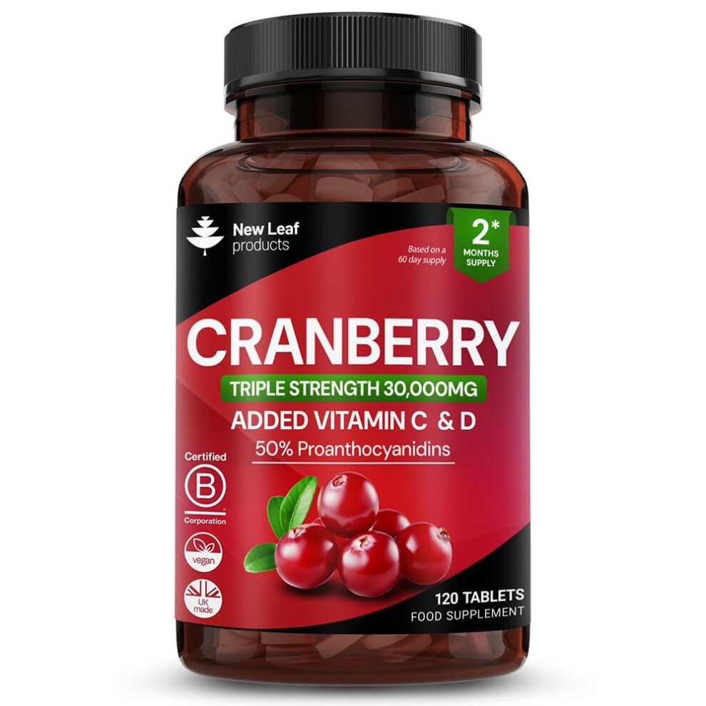 New Leaf Products Cranberry Tablets Triple Strength 30,000Mg - Added Vitamin C & D - 120 Cranberry
