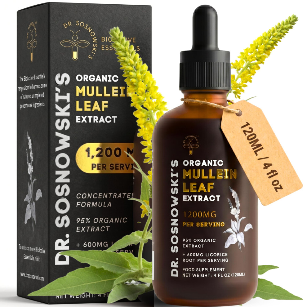Dr Sosnowski's Mullein Drops For Lungs | 4 Fl Oz Organic Mullein Leaf Extract Liquid | 72,000Mg Bottle With Liquorice Root | Flavonoid Support, Saponin Balance | 2
