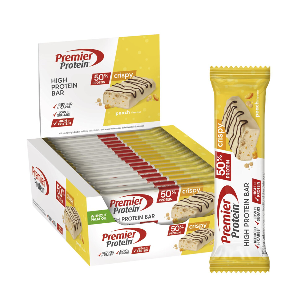 Premier Protein - High Protein Bar 50 Percent+Crispy - Peach - 16X40g - Low Sugar - Low Carb - Palm Oil Free