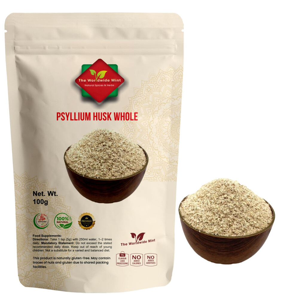 The Worldwide Mint Psyllium Husk Whole 100G - High Fibre Supplement - Natural Soluble