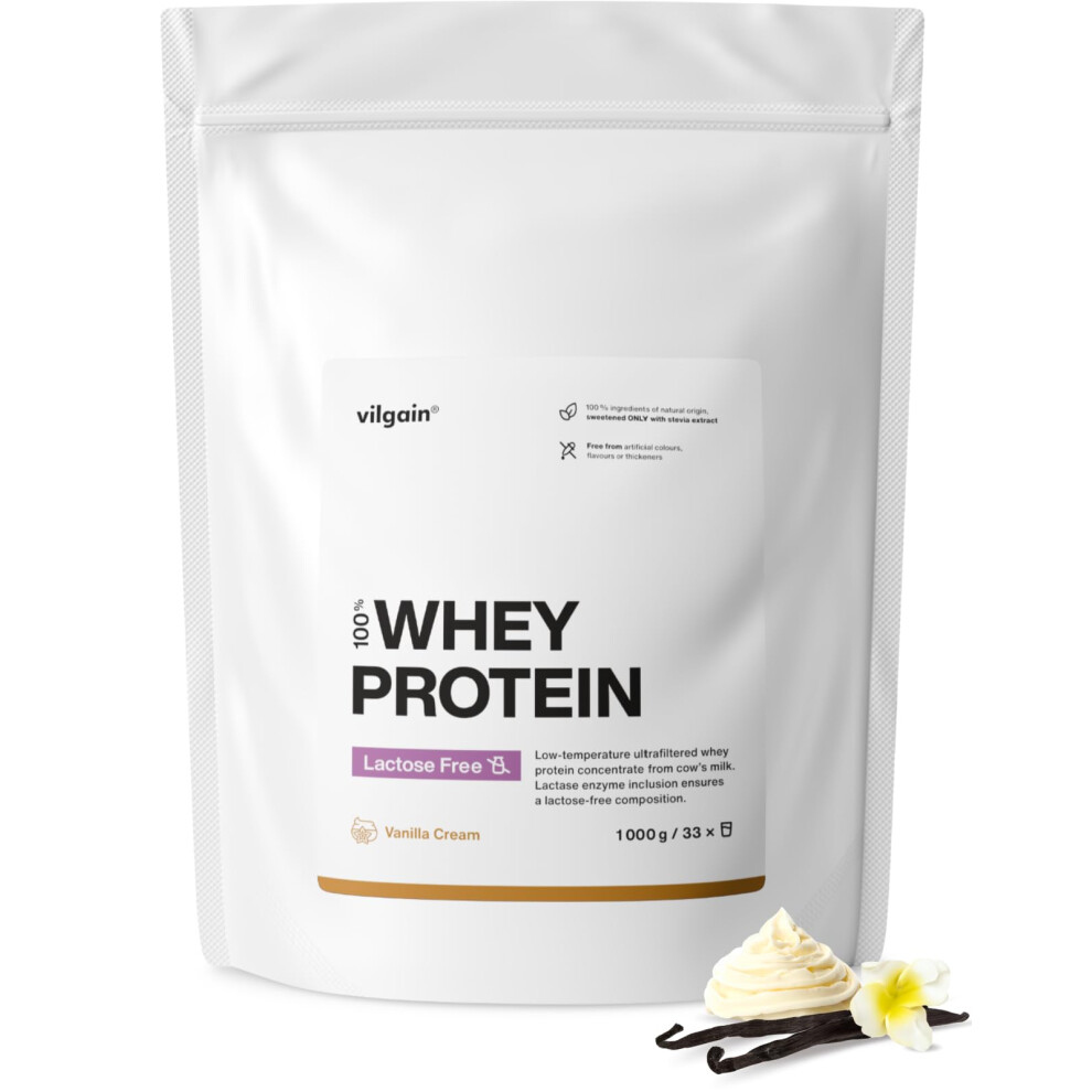 Vilgain Cream Lactose Free Whey Protein Powder Vanilla 1000G | 75% Protein | Low Temp Ultrafiltered Whey Concentrate | Stevia Sweetened | 23G Protein