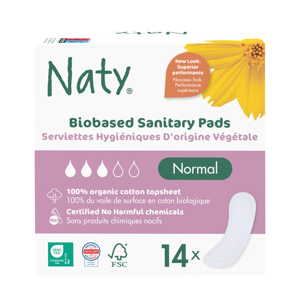 Naty Sanitary Towels Normal Without Wings | 100% Certified Organic Cotton Top Sheet | Certified Skin-Safe Period Pads | Unscented, 0% Conventional Pl