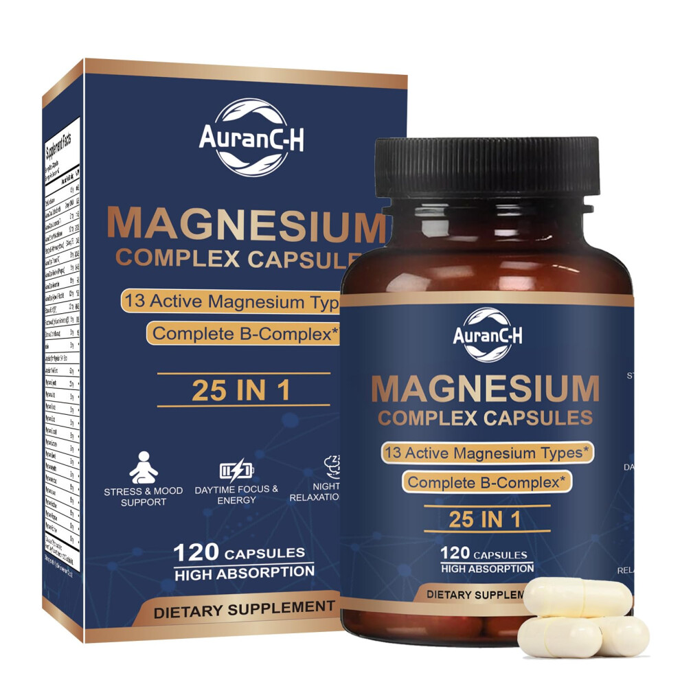 Auranc-H Magnesium Glycinate Supplements, Magnesium Glycinate 25-In-1 Supplement With Glycinate Citrate Malate Oxide Taurate Aspartate Orotate Magnesiuum Rela