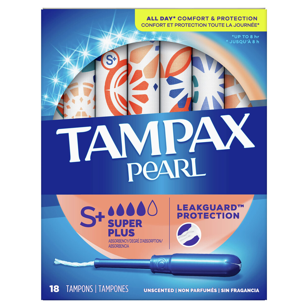 Tampax Pearl Tampons With Plastic Applicator, Super Plus Absorbency, Unscented, 18 Count