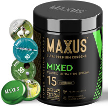 MAXUS Mixed, 15 Lubricated Condoms for Men: Ultra-Thin, Classic, Dotted & Ribbed