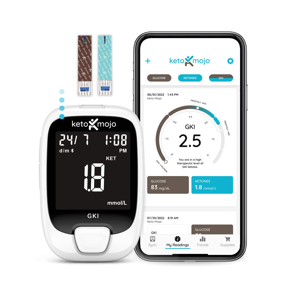 Keto-Mojo Keto Mojo Blood Ketone And Sugar Monitor, Diabetes Test Kit, 10 Ketone + 10 Glucose Test Strips, 10 Lancets, 1 Meter, 1 Lancet Device, Gki-Bluetooth
