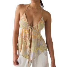 Damen-Neckholder-Top mit V-Ausschnitt, Spitze, Rückenfrei, Vintage-Blumenmuster, Y2K-Sommer-Freizeitshirt Gelb L