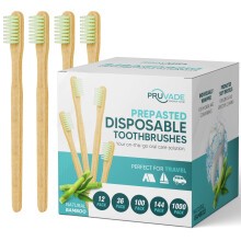 Pruvade 12 Pack Disposable Bamboo Toothbrushes with Toothpaste Built in - Prepasted Toothbrushes Individually Wrapped - Single Use Waterless Tooth Bru