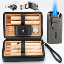 Leren Cedar Houten Hoes en All-in-One Dubbele Jet Vlam Aansteker Set, Ingebouwde Snijder, Punch en Houder Functie