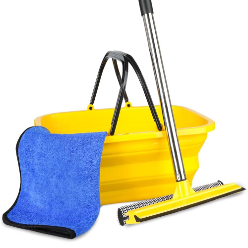 Set combinato Squeegee per auto e secchio pieghevole, 2 in 1 con manico lungo