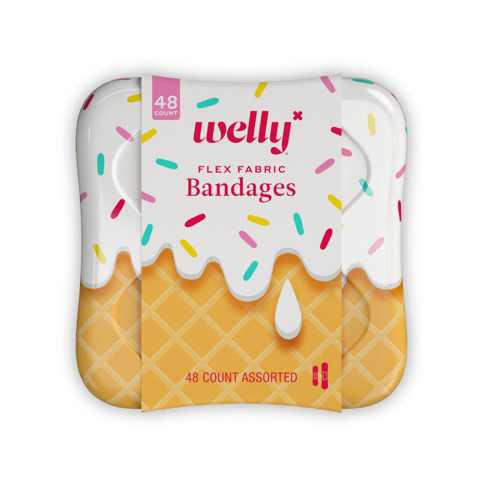 Welly Bandages | Adhesive Flexible Fabric Bravery Badges | Assorted Shapes For Minor Cuts, Scrapes, And Wounds | Colorful And Fun First Aid Tin | Ice