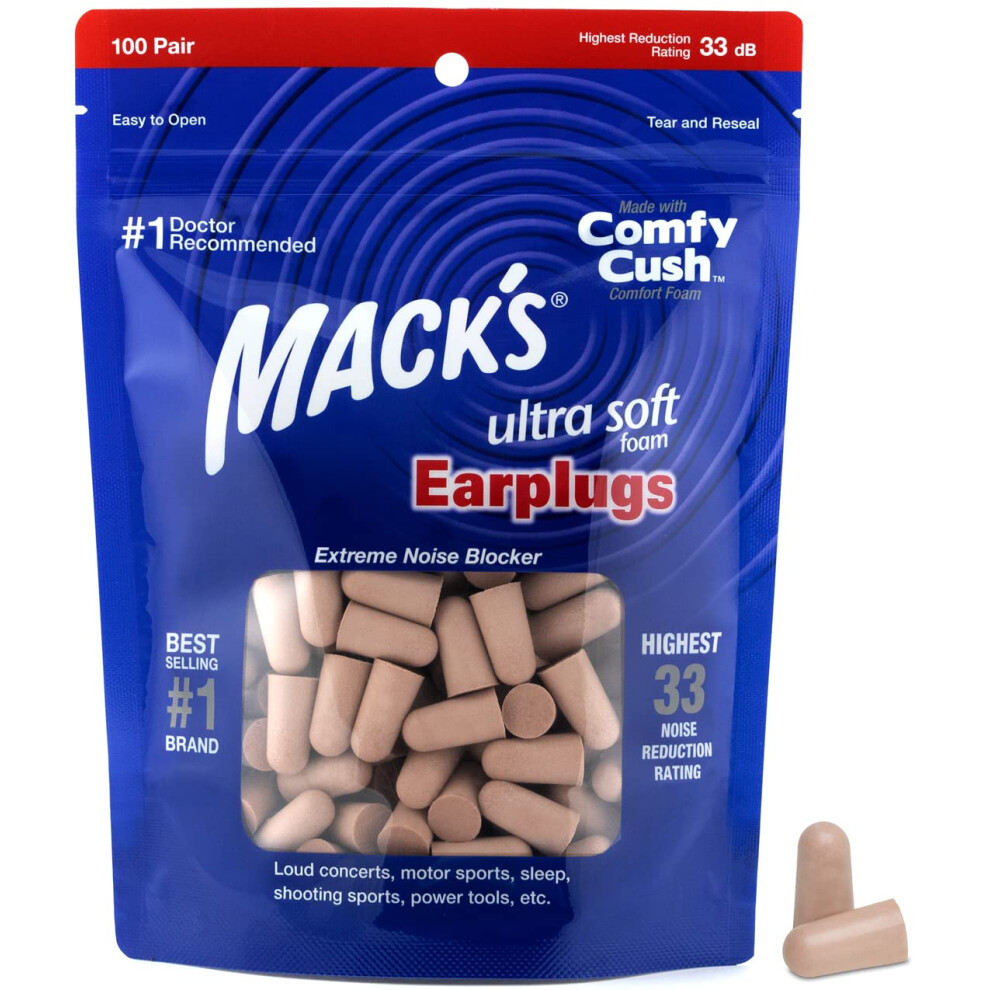 Mack's Ultra Soft Foam Earplugs, 100 Pair Bag - 33Db Highest Nrr, Comfortable Ear Plugs For Sleeping, Snoring, Travel, Concerts, Studying And Loud Noi