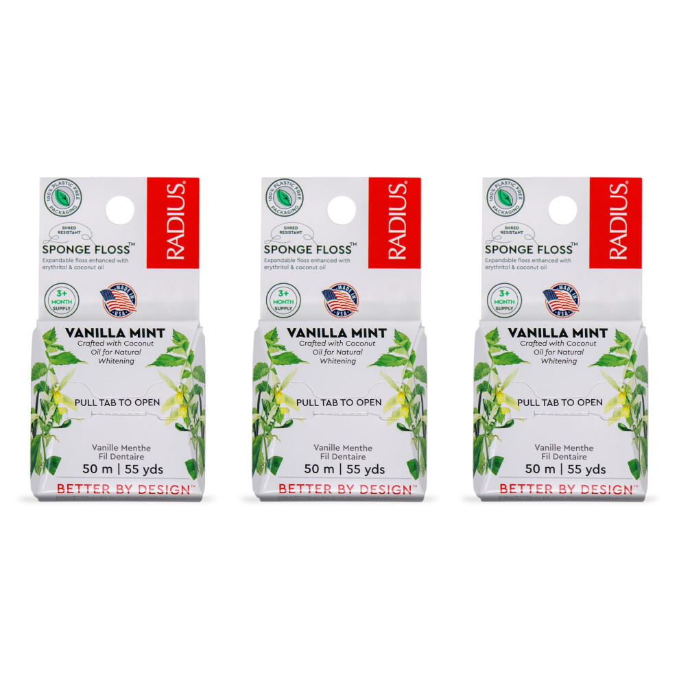 Radius Vanilla Mint Dental Floss 55 Yards Vegan & Non-Toxic Oral Care Boost & Designed To Help Fight Plaque Clear - Pack Of 3