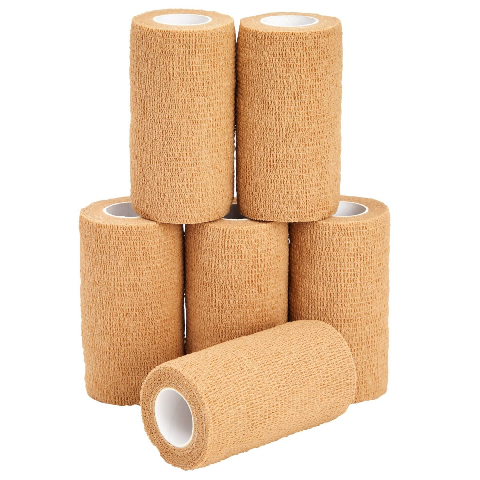 Juvale Bandage Wrap - 4 In X 5 Yd, Tan, 6 Rolls - Self Adherent Cohesive Tape & Elastic Support - Breathable Vet Wrap & Medical Tape For Sports & Tatt