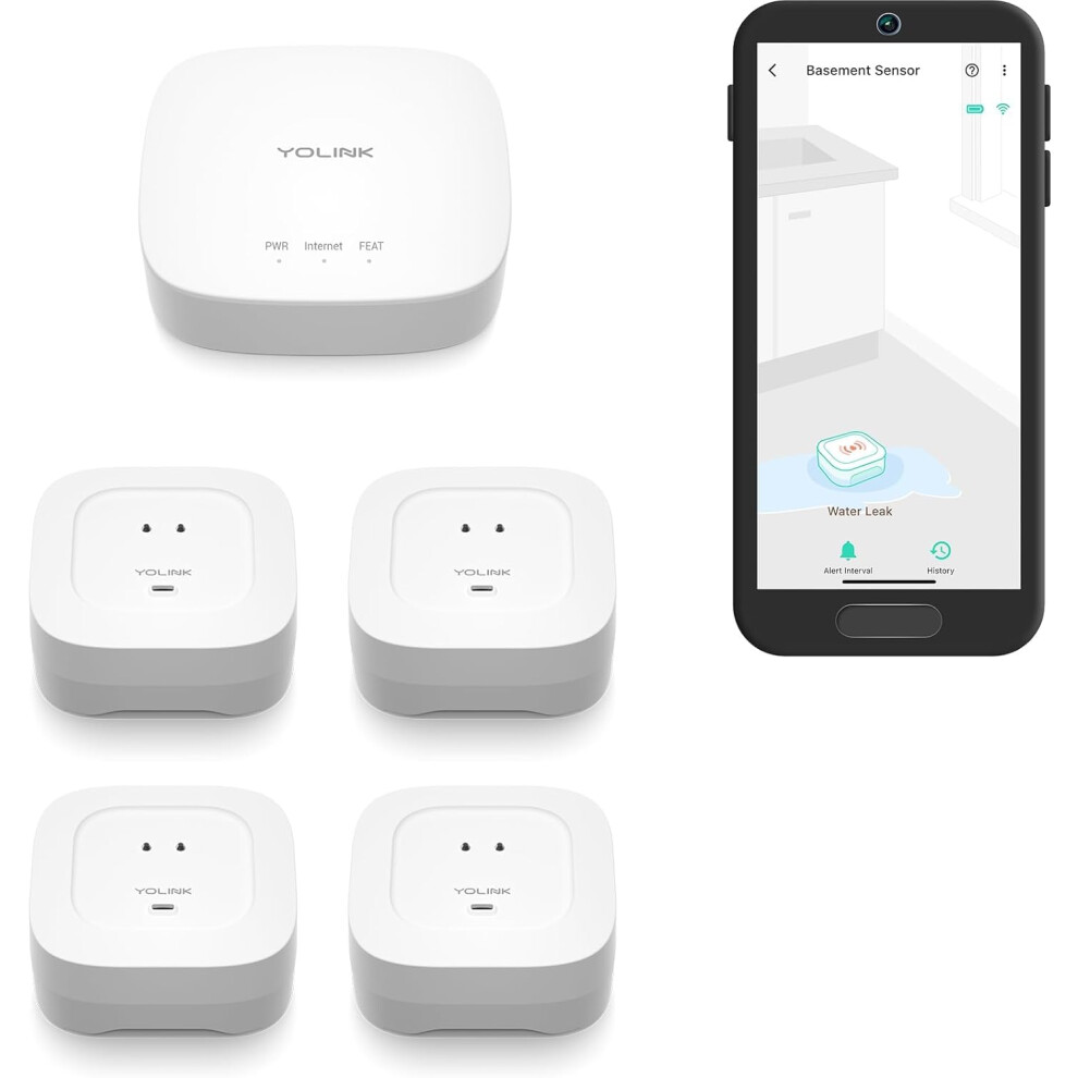 Yolink Smart Home Starter Kit: Hub & Water Leak Sensor 4 With 105Db Audio Alarm 4-Pack, Sms/Text, Email & Push Notifications, Freeze Warning, Lora Up 810121540855