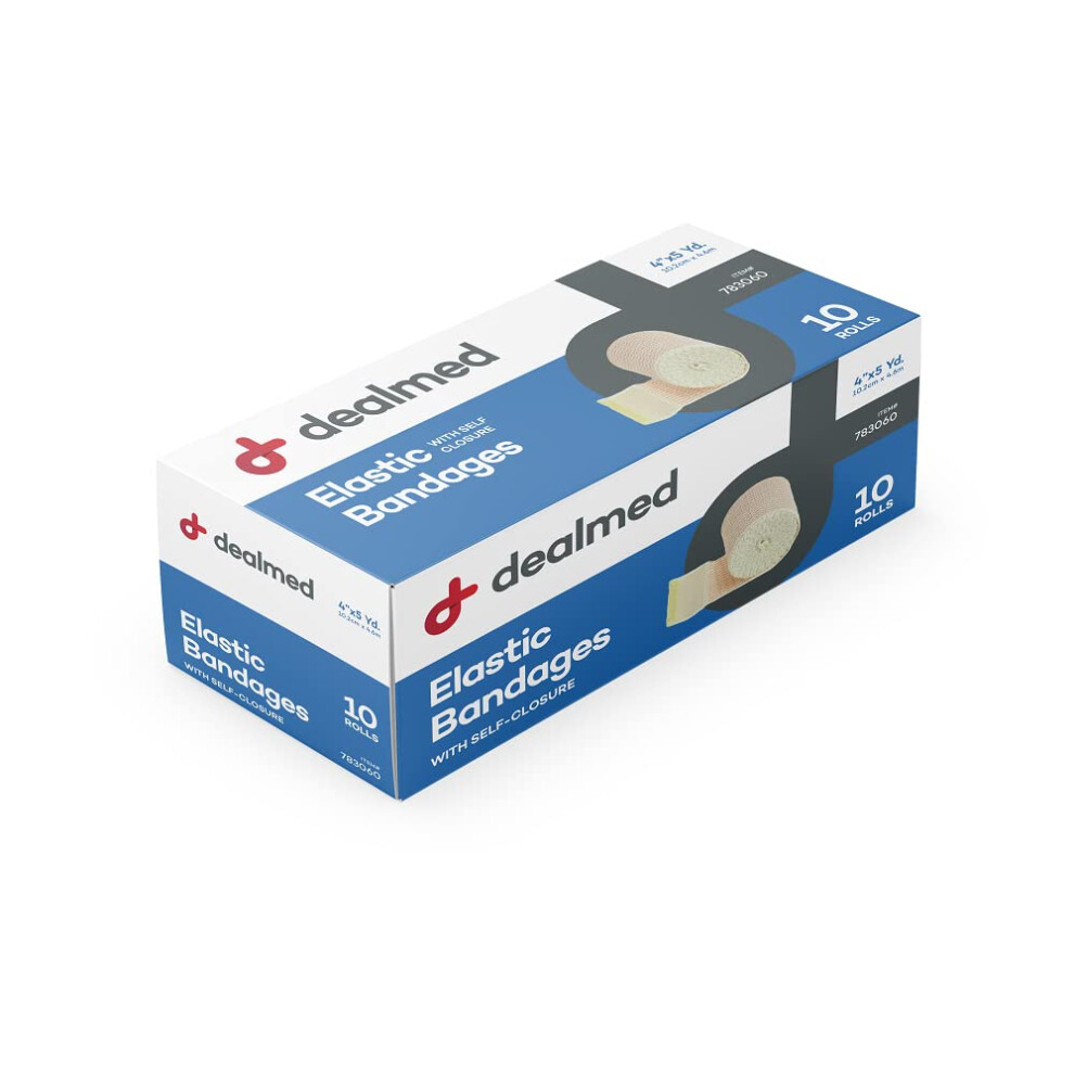 Dealmed 4" Elastic Bandage Wrap With Self-Closure - 10 Elastic Bandages, 5 Yards Stretched Compression Bandage Wrap, Wound Care Product For First Aid