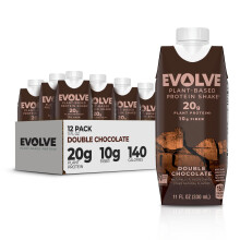 Evolve Batido de Proteínas Vegano, Chocolate Doble, 20g de Proteína, Sin Lácteos, 10g de Fibra, Paquete de 12