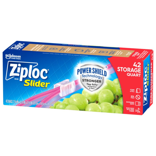 Sacchetti Ziploc Quart per Alimentari con Chiusura Scorrevole, Tecnologia Power Shield, 42 Pezzi