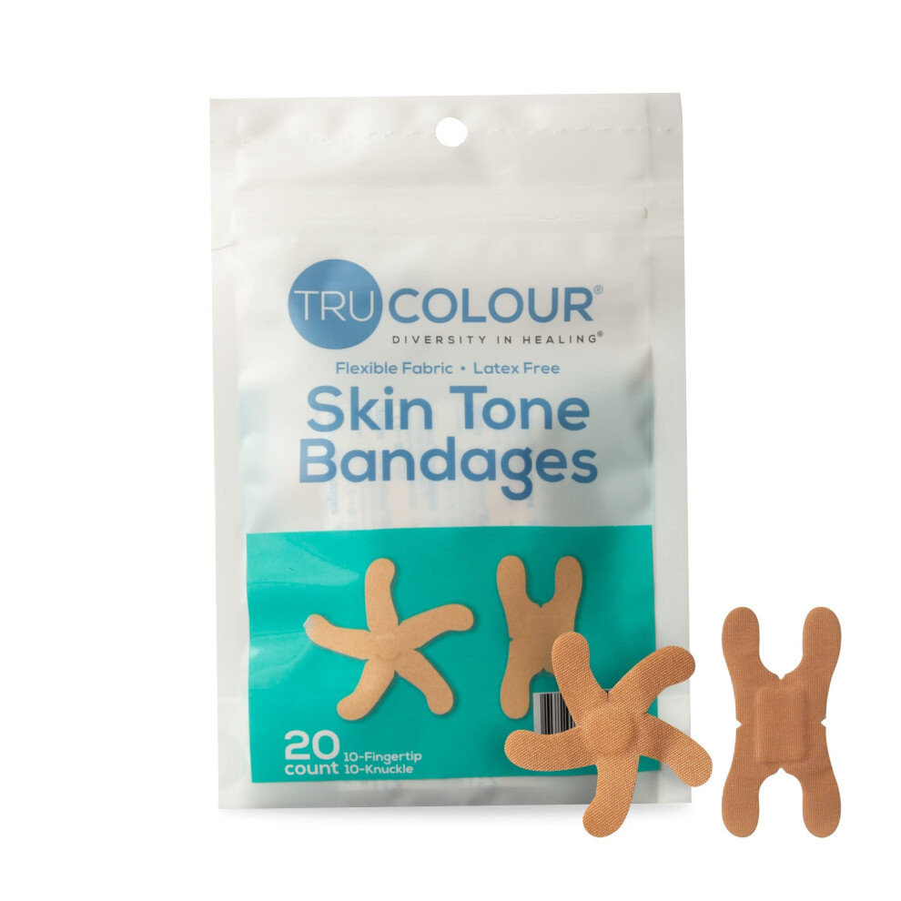 Tru-Colour Tru Colour - Knuckle And Fingertip Bandages, Flexible Fabric Adhesive Bandages, Beige Skin Tone Shade, Aqua Bag, 20 Count