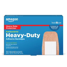 Amazon Basic Care Antibacterial Heavy Fabric Adhesive Bandages, Tough & Flexible Non-Stick Pad Cushion, Helps Prevent Infection Skin Protection, 1.75